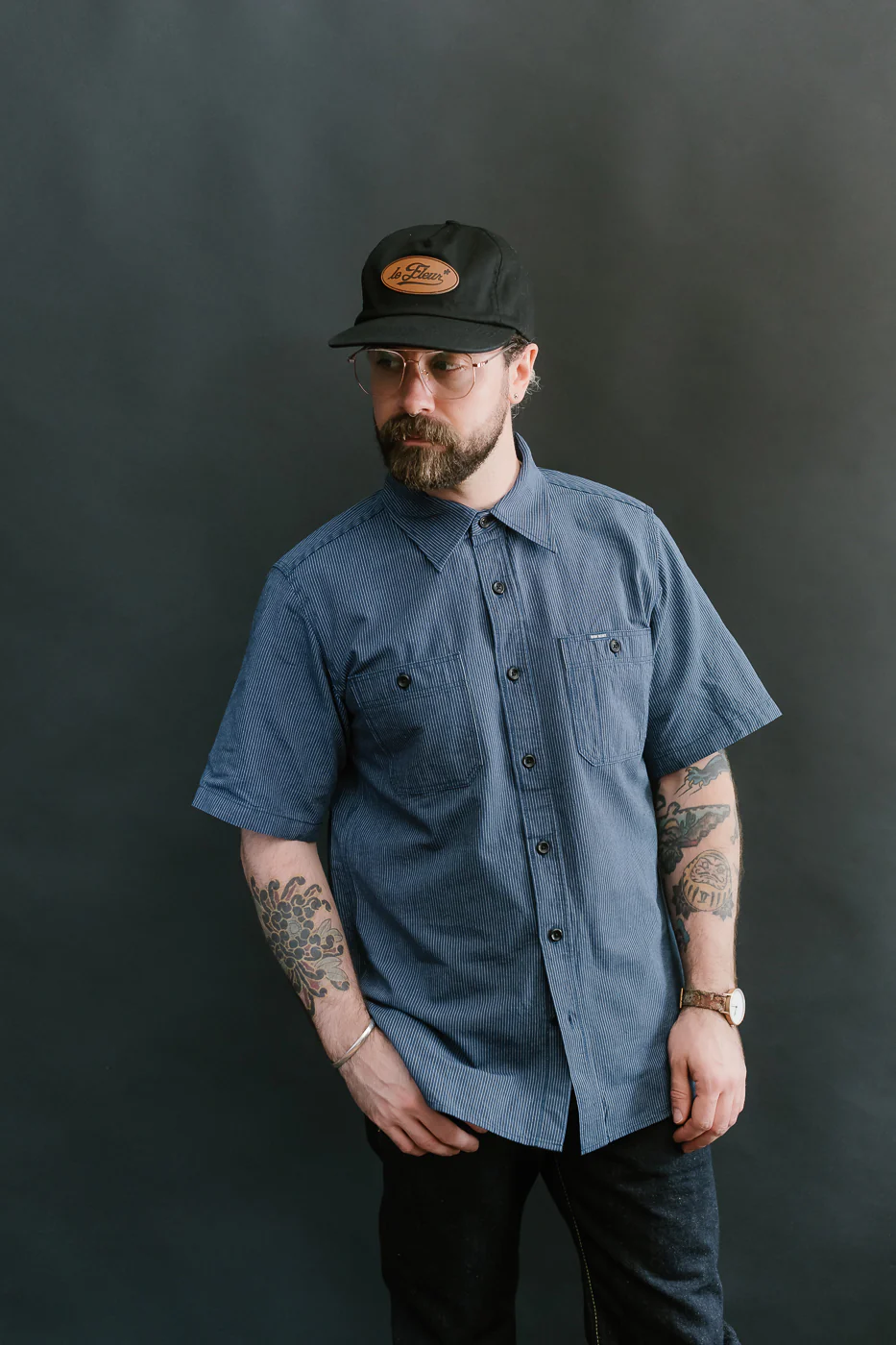 IHSH-420-PIN - 5oz Selvedge OX Cloth Short Sleeve Work Shirt - Pinstripe - Image 16