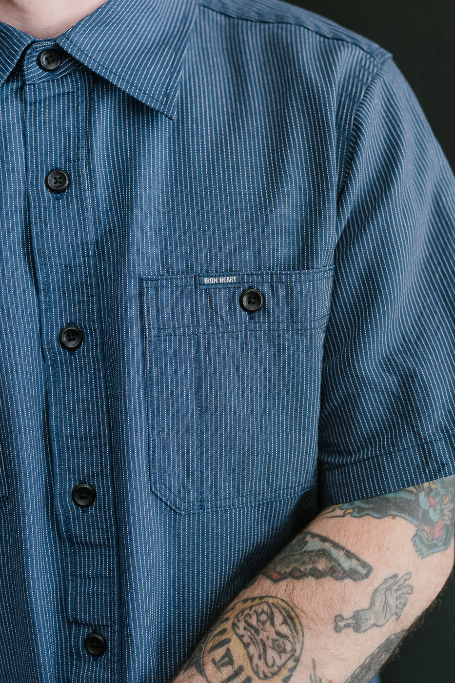 IHSH-420-PIN - 5oz Selvedge OX Cloth Short Sleeve Work Shirt - Pinstripe - Image 18