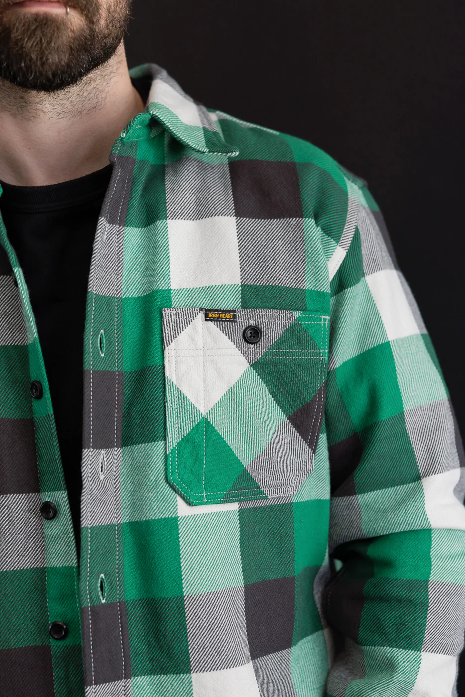 IHSH-428-GRN - Ultra Heavy Flannel Vintage Check Work Overshirt - Green - Image 15