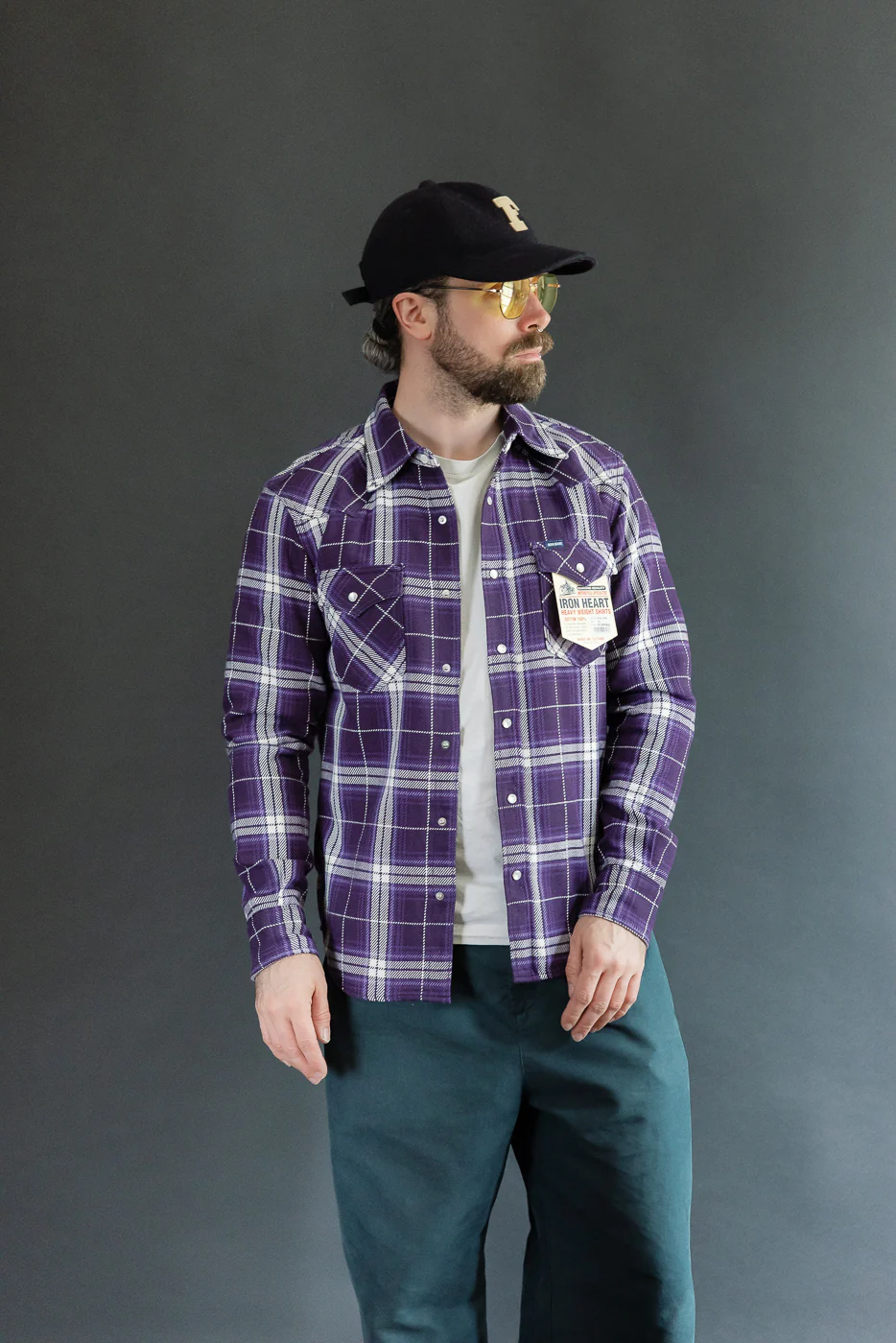 IHSH-439-PUR - 9oz Selvedge Flannel Check Western Shirt - Purple - Image 14