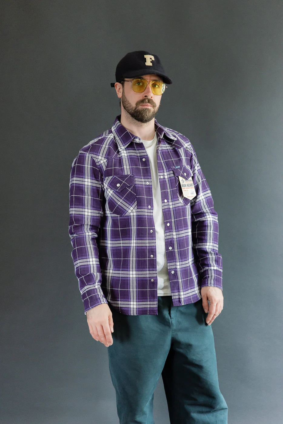 IHSH-439-PUR - 9oz Selvedge Flannel Check Western Shirt - Purple - Image 9