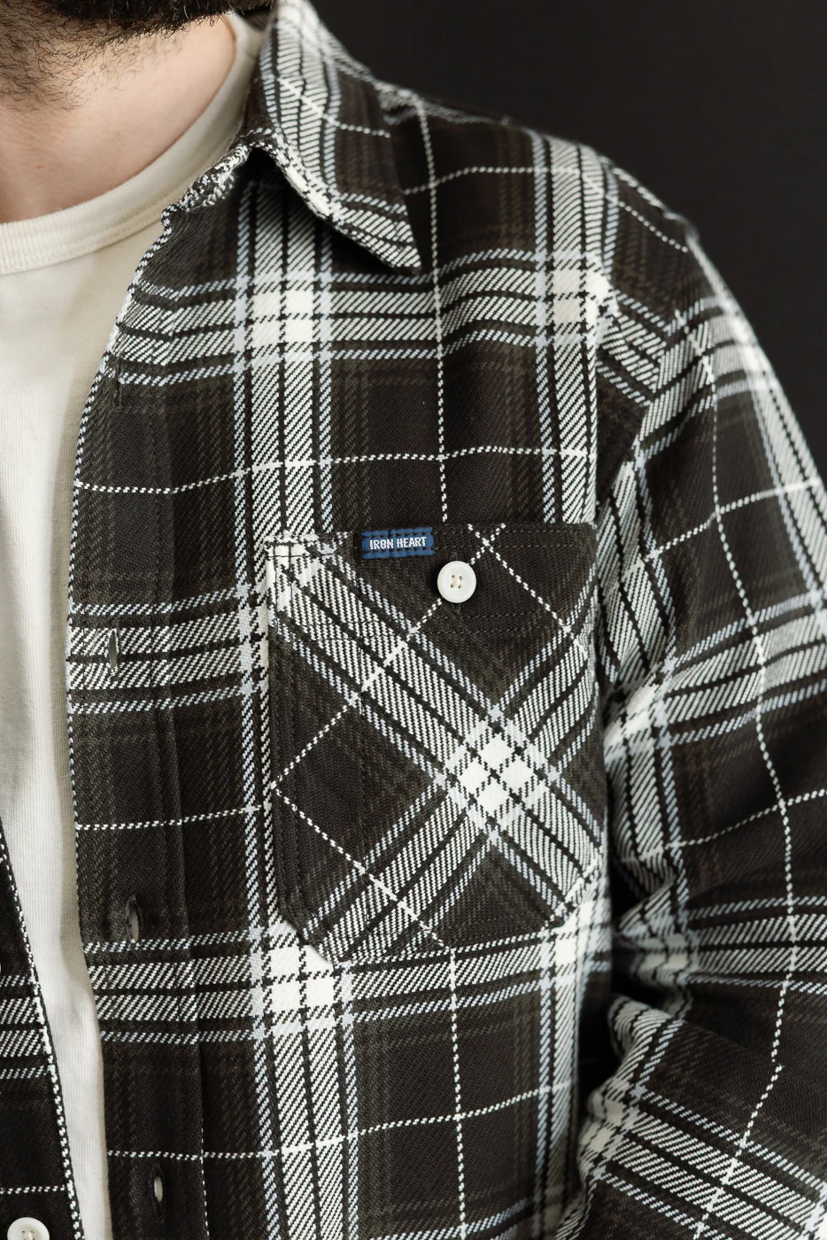 IHSH-441-BLK - 9oz Selvedge Flannel Check Work Shirt - Black - Image 17