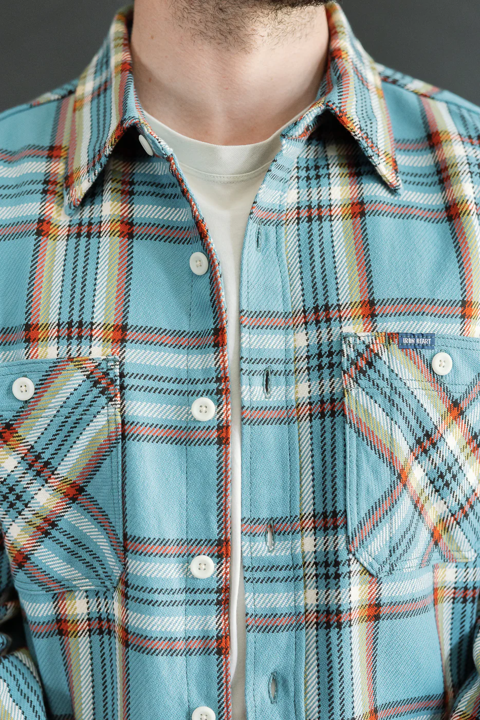 IHSH-442-SAX - 9oz Selvedge Flannel Check Work Shirt - Sax Blue - Image 17