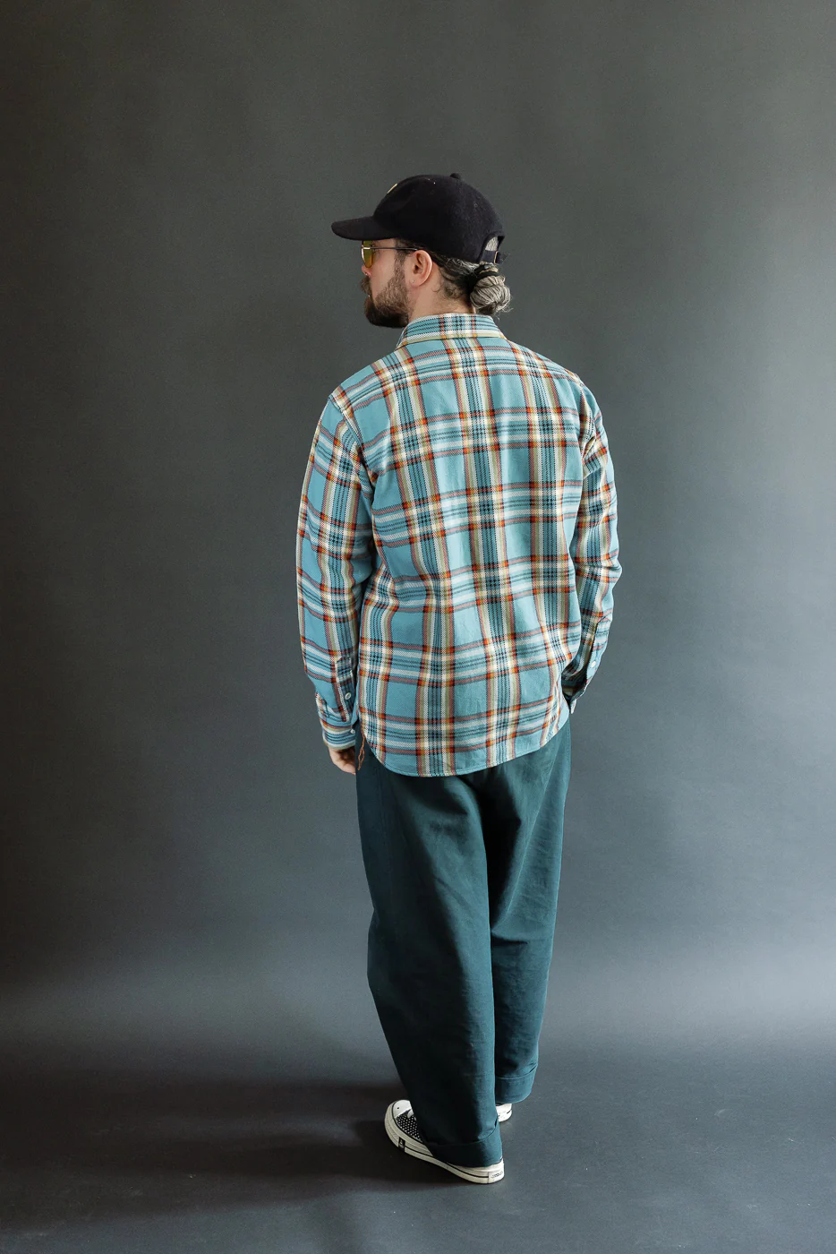 IHSH-442-SAX - 9oz Selvedge Flannel Check Work Shirt - Sax Blue - Image 9