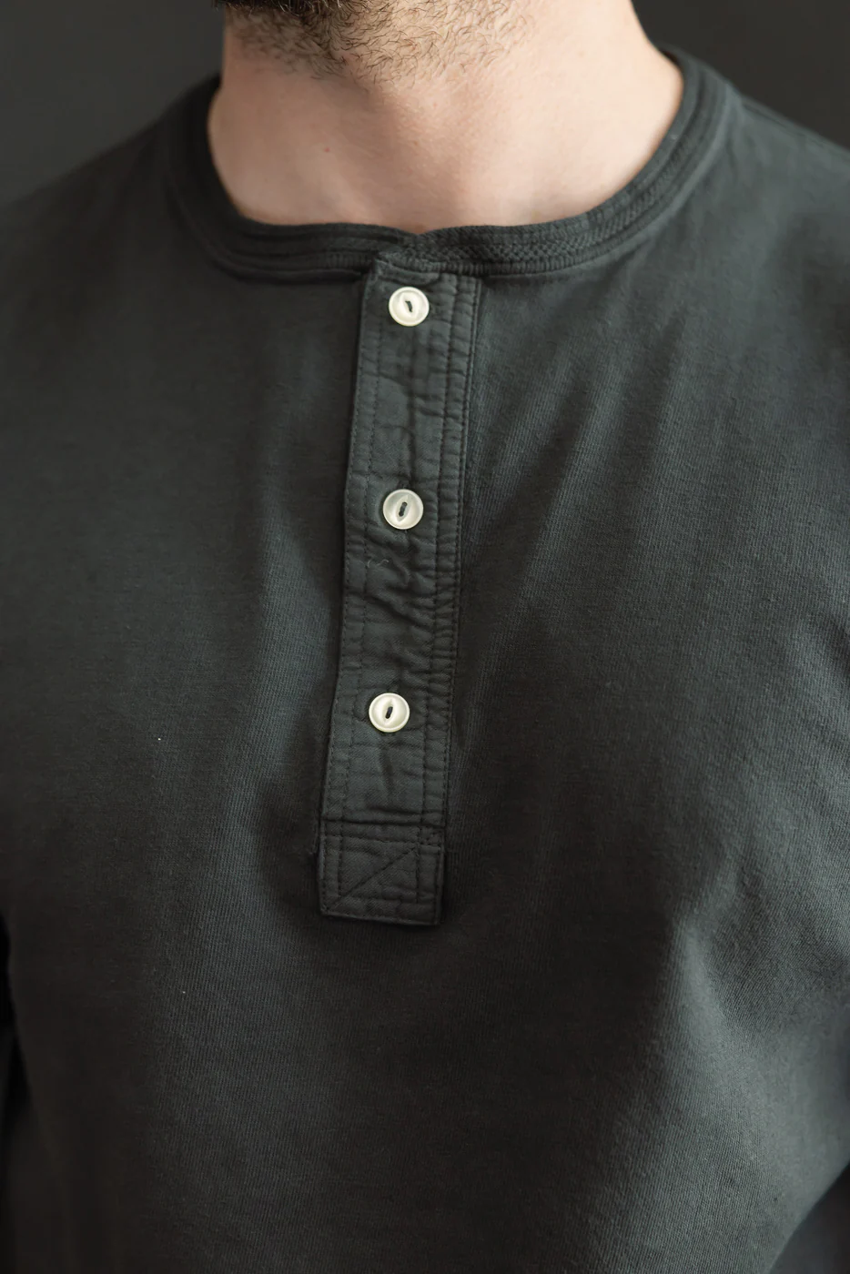 LRH1042 - Loopwheeled Classic Henley - Antique Black - Image 15