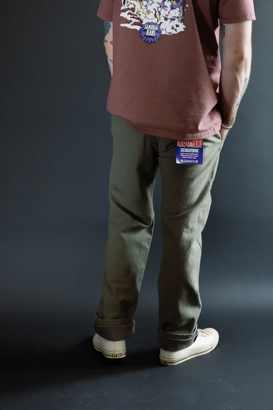 SJ42BP - 15oz Heavy Back Satin Olive Selvedge Trousers - Slim Straight - Image 13
