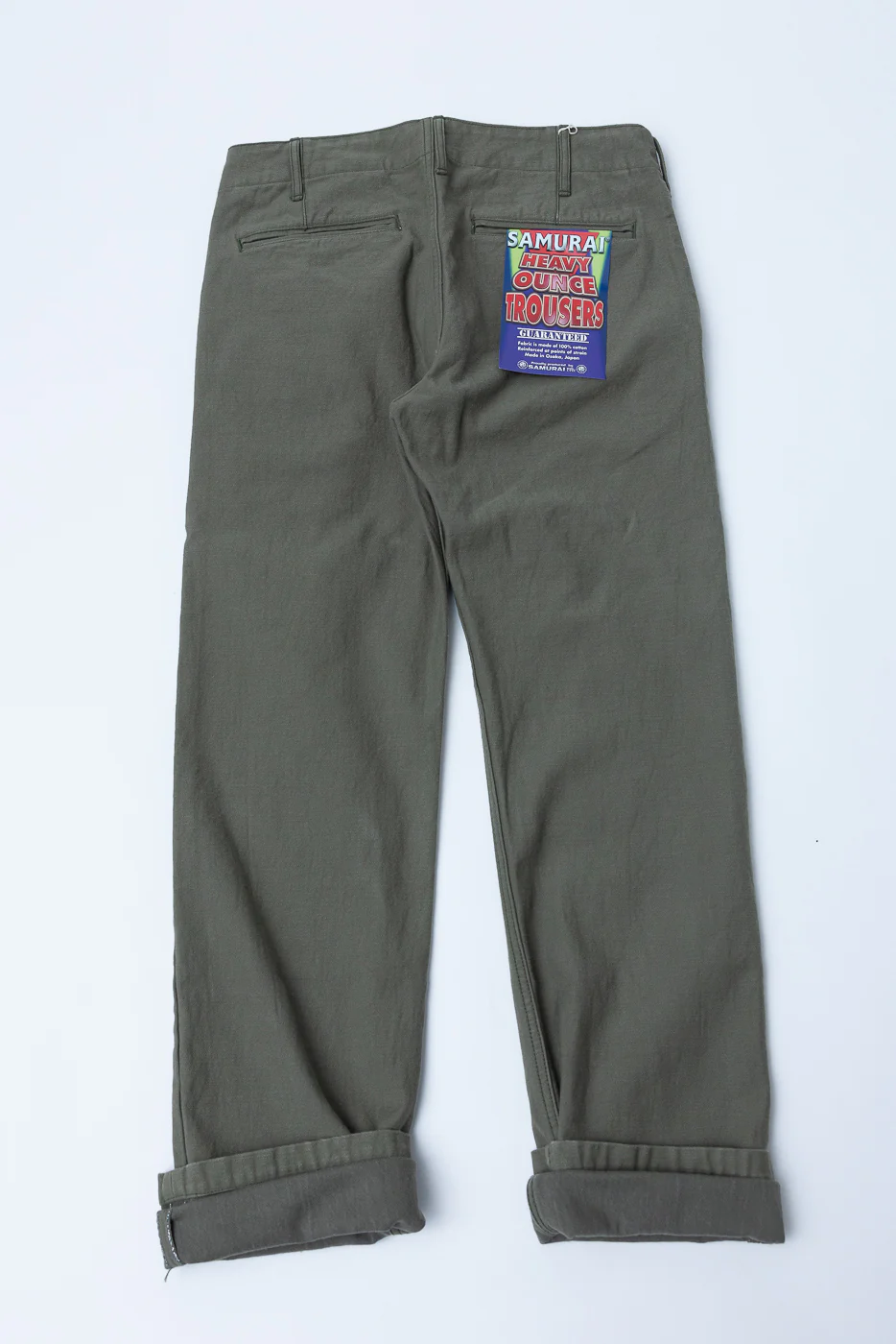 SJ42BP - 15oz Heavy Back Satin Olive Selvedge Trousers - Slim Straight - Image 7