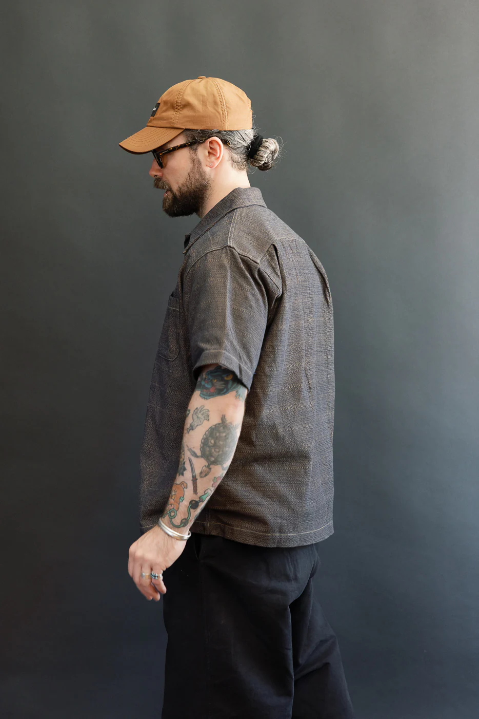 SOS26-KSK - "Kanoko Ai-Madara" Natural Indigo x Brown Sashiko Open Collar Shirt - Image 12