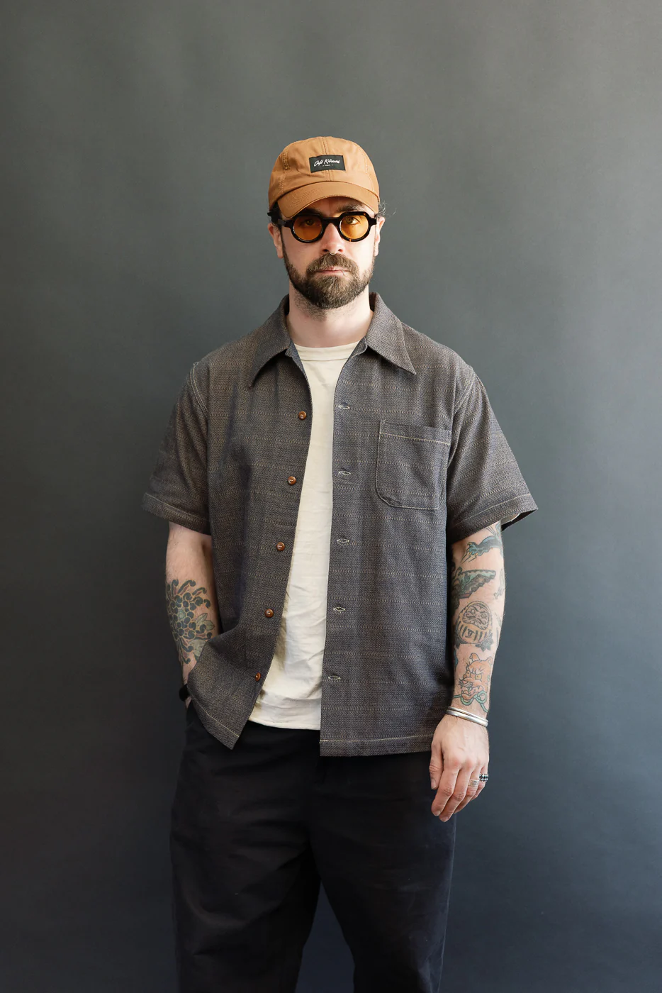 SOS26-KSK - "Kanoko Ai-Madara" Natural Indigo x Brown Sashiko Open Collar Shirt - Image 14
