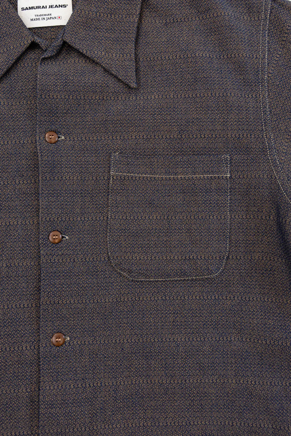 SOS26-KSK - "Kanoko Ai-Madara" Natural Indigo x Brown Sashiko Open Collar Shirt - Image 3