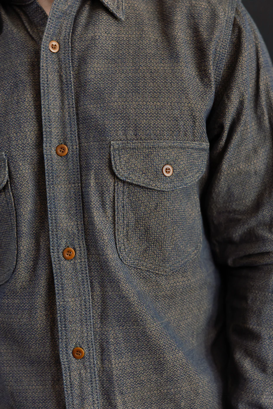 SSS26-KSKW - "Kanoko Ai-Madara" Natural Indigo x Brown Sashiko Work Shirt - Image 18